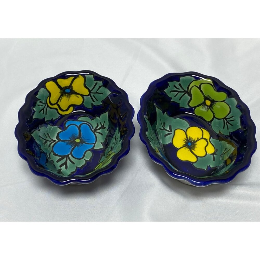 2 Handcrafted Mexican Talavera Ceramic Oval Bowls Floral Design Lead Free